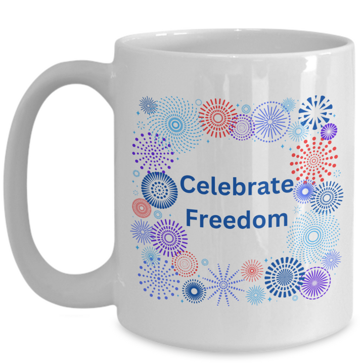 Celebrate Freedom Fireworks Border, White Coffee Mug