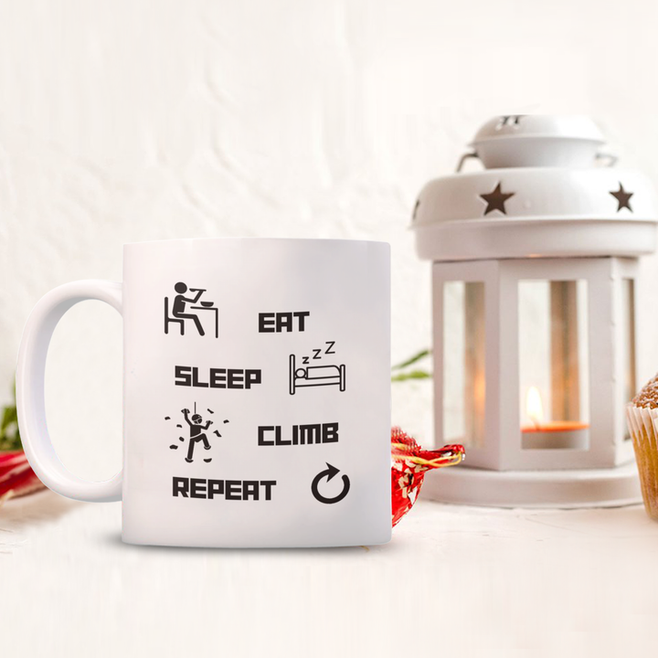Eat, Sleep, Climb, Repeat, White Coffee Mug for Rock Climbers