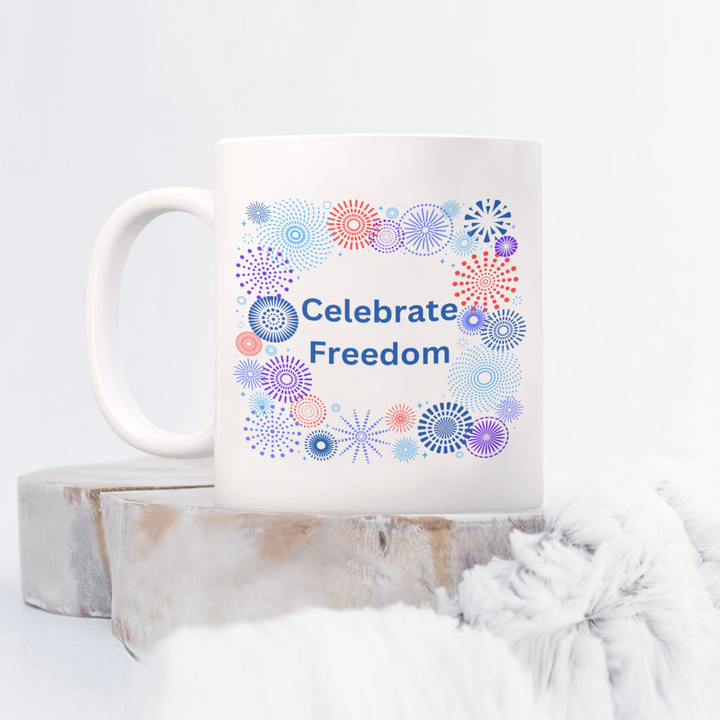 Celebrate Freedom Fireworks Border, White Coffee Mug